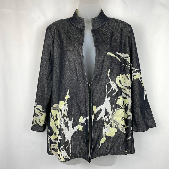 Misook Green Floral on Black Open Front Cardigan Size PL - Picture 1 of 9
